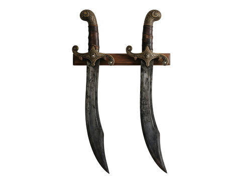 Two ornate antique curved swords mounted on a wooden wall display rack isolated on transparent background