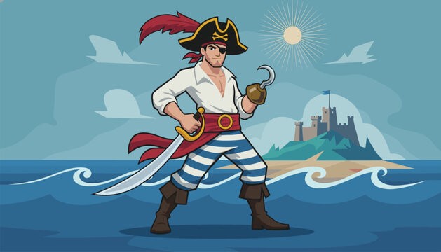 Classic pirate character with a hook hand and sword standing on a beach with a distant castle and island landscape.