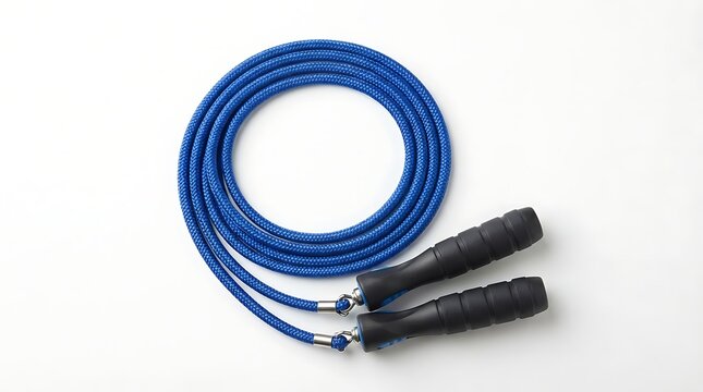 Blue jump rope with black handles on white background