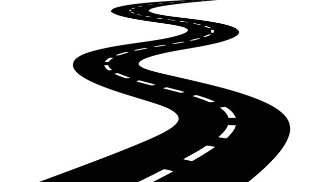 Vector illustration of winding road icon with dashed lane markings on a transparent background