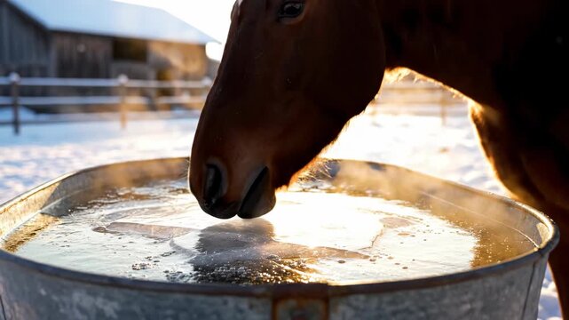 Horse drinking from a frozen water trough on a snowy farm. Golden hour view of livestock in winter with steam and ice. Rural agriculture concept