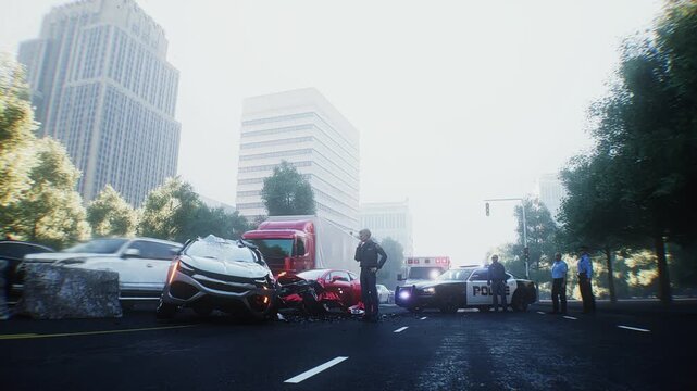 Car Accident on Busy City Street with Police Inspecting the Scene. Realistic 4k animation
