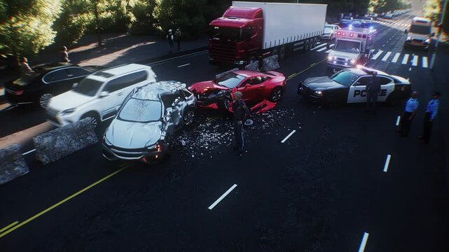 Car Accident on Busy City Street with Police Inspecting the Scene. Realistic 4k animation