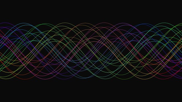 Intersecting sine waves in multiple rainbow colors creating a rhythmic oscillating pattern on a dark background, for science and physics