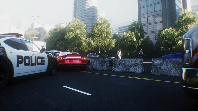 Car Accident on Busy City Street with Police Inspecting the Scene. Realistic 4k animation