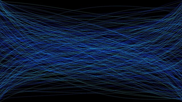 Abstract background, featuring thin, flowing, blue lines that, intersect and weave, across a solid, black space, creating, a sense of movement