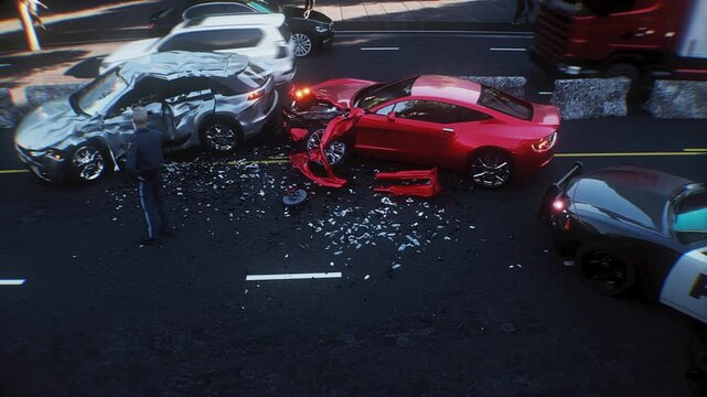 Car Accident on Busy City Street with Police Inspecting the Scene. Realistic 4k animation