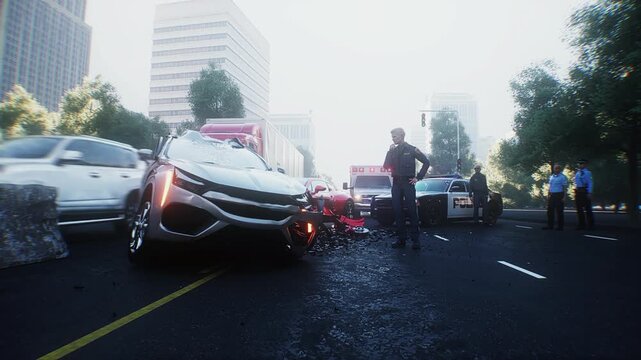 Car Accident on Busy City Street with Police Inspecting the Scene. Realistic 4k animation