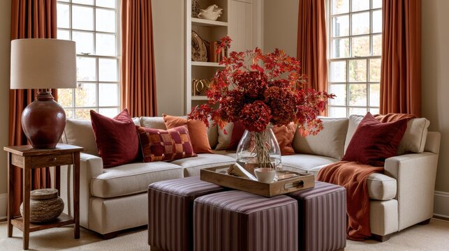 Elegant fall living room with burgundy textiles, neutral furniture and abundant seasonal foliage
