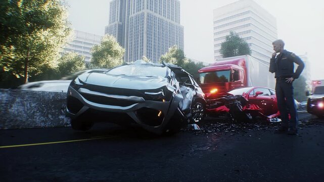 Car Accident on Busy City Street with Police Inspecting the Scene. Realistic 4k animation