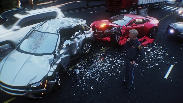 Car Accident on Busy City Street with Police Inspecting the Scene. Realistic 4k animation