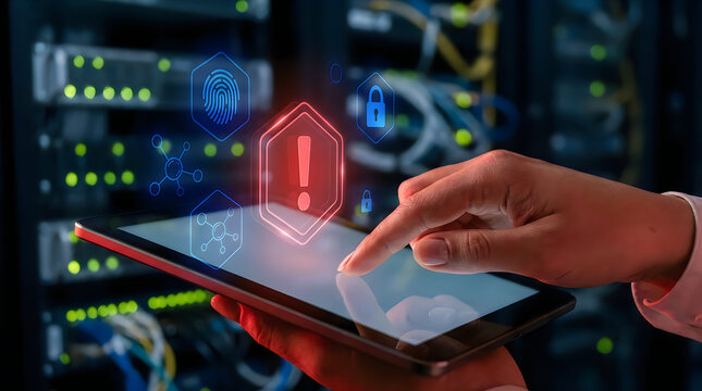 It security specialist using a digital tablet to monitor server infrastructure with a red warning alert icon and cybersecurity symbols in a data center