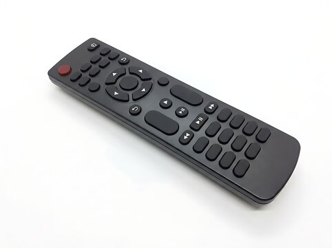black remote control with colorful buttons on white background