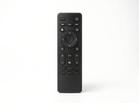 black remote control with colorful buttons on white background