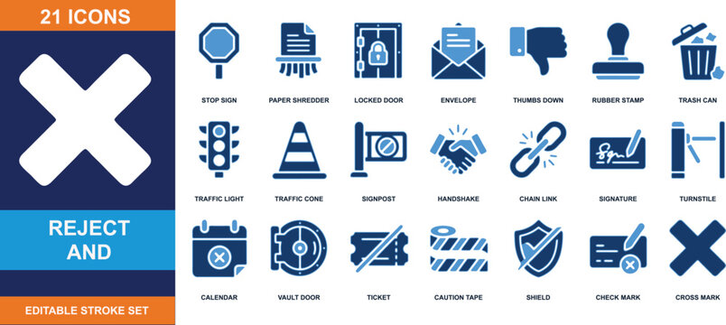 Rejection and Approval Icons: A comprehensive collection of flat design icons representing concepts of rejection, denial, prohibition, and approval, security, and verification.