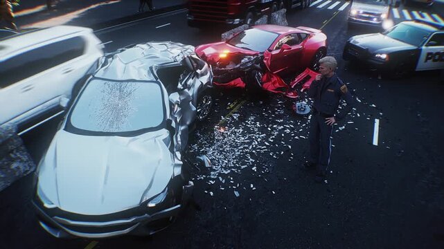 Car Accident on Busy City Street with Police Inspecting the Scene. Realistic 4k animation