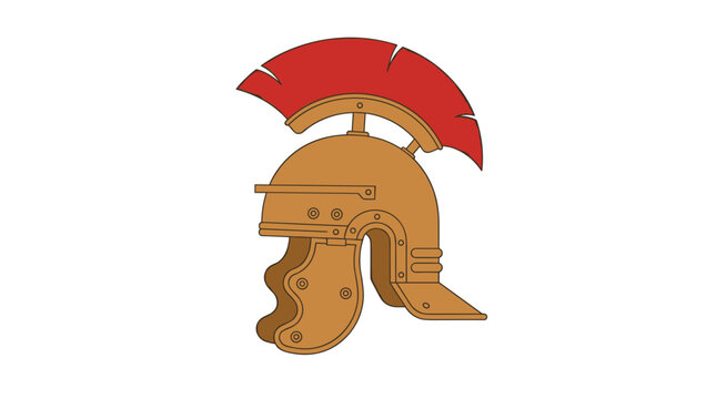 Flat design vector illustration of a Roman legionary helmet with a red plume, isolated on a white background.