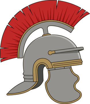 Flat design vector illustration of a Roman legionary helmet with red crest, isolated on white background