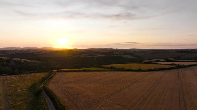 Sunset over Cornwall Fields and Farms from a drone, Polruan, Cornwall, England