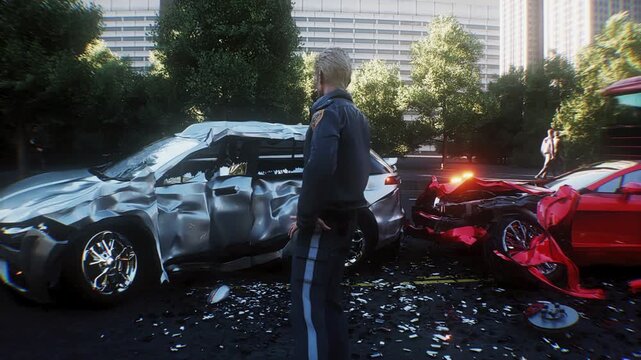 Car Accident on Busy City Street with Police Inspecting the Scene. Realistic 4k animation