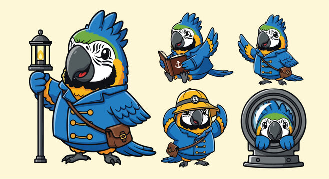 Set of cute cartoon macaw parrot characters in explorer outfits.