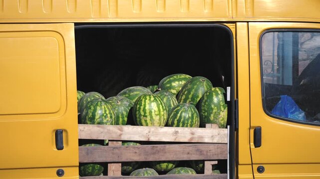 Watermelon delivery van fresh produce transport fruit market agriculture logistics, summer harvest and local food distribution.