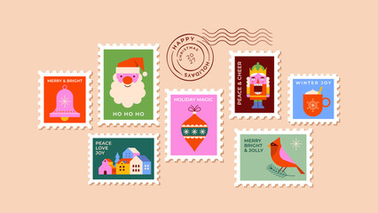 Fototapeta na wymiar Christmas letter envelope with postmark and colorful postage stamps. Flat geometric illustrations of Santa Claus, Nutcracker, Christmas ornaments and other holiday symbols