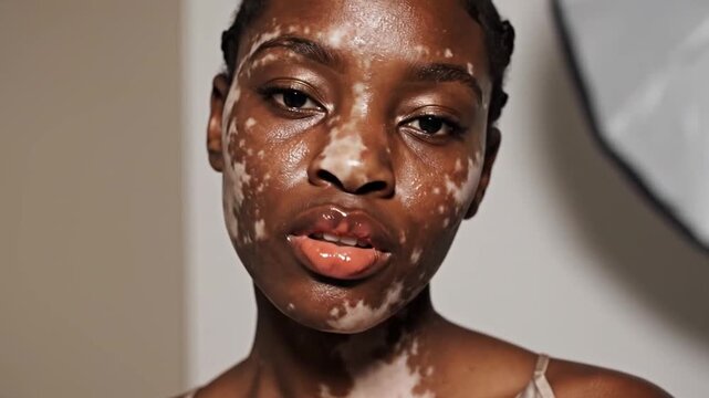 Young woman with vitiligo holds steady gaze in soft studio portrait, showing thoughtful expression. Minimalist background frames woman as subtle head tilts and lip movement change mood.