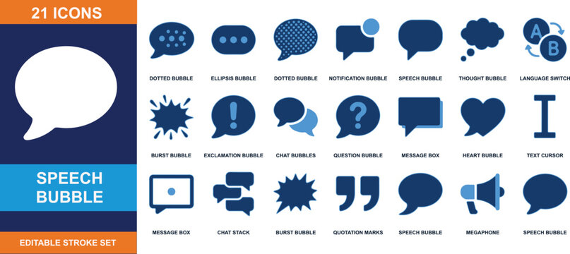 Speech Bubble Icon Set: A collection of 21 editable stroke icons representing various speech and thought bubbles, communication symbols, and quotation marks.