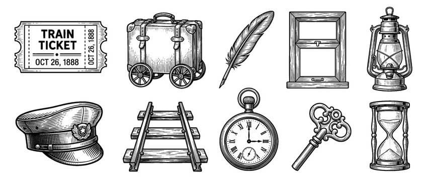 Vintage Railway Travel Objects Collection in Engraving Style, Featuring Train Ticket, Pocket Watch, Suitcase, Lantern, and Conductor Cap Isolated