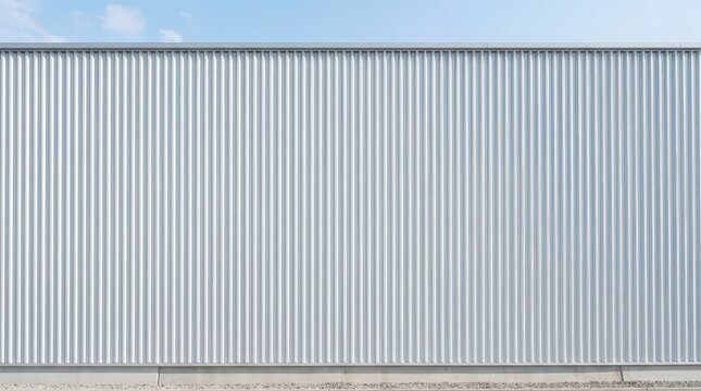 Gray corrugated metal siding wall texture with blue sky background and concrete base