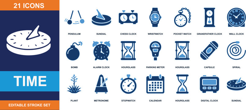 Time Icons Collection: A comprehensive set of 21 vector icons illustrating various elements and concepts related to time, including clocks, hourglasses, sundials, and calendars.