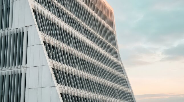 Modern architectural facade of a curved high-rise building exterior at sunset time showing vertical lines and glass structures