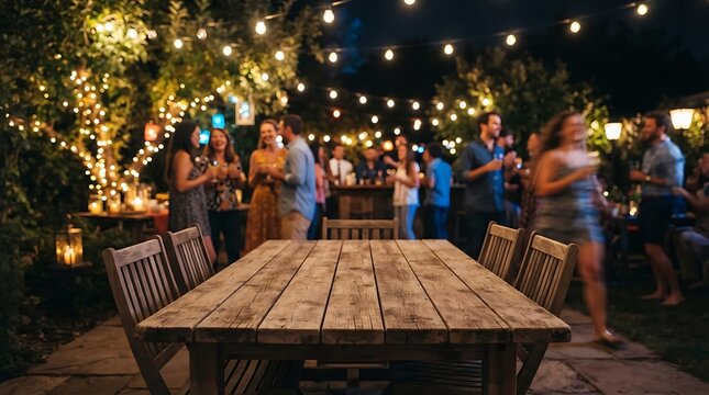 outdoor party with string lights and wooden table