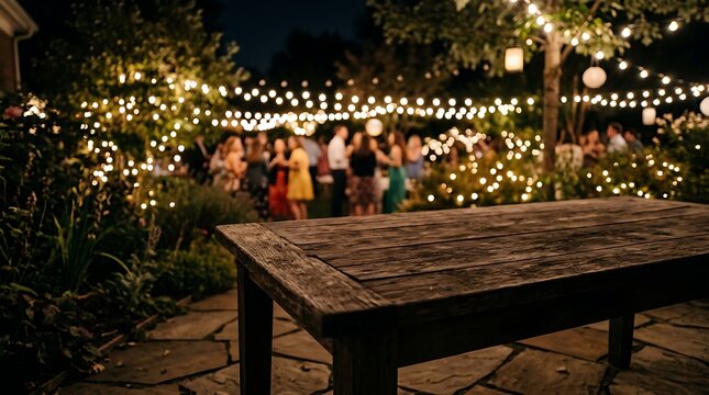 outdoor party with string lights and wooden table