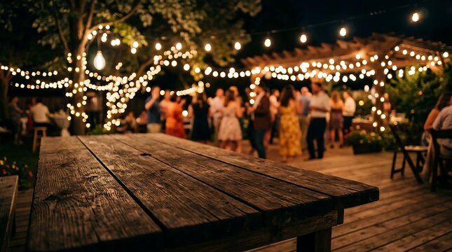 outdoor party with string lights and wooden table
