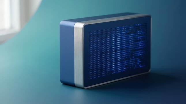 A sleek blue cube-shaped electronic device displaying complex digital binary code patterns