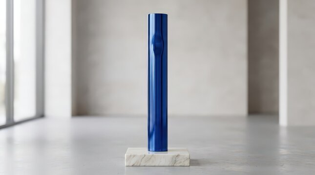Blue vertical pillar sculpture stands on polished marble base in bright room with grey concrete walls and natural light highlighting interior design