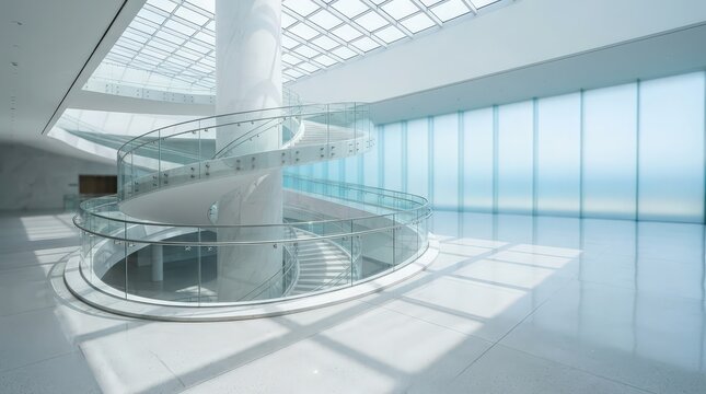 Spiral staircase with glass railings surrounded by large pillars illuminated by natural sunlight through ceiling windows in modern white buildings