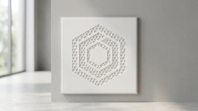 Modern minimalist wall art canvas featuring black hexagonal dotted pattern design hanging on grey painted surface in bright interior room