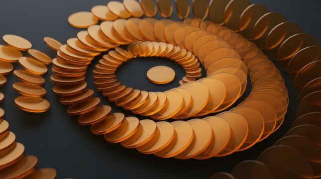 A mesmerizing spiral formation of stacked golden coins representing financial growth and accumulation on a dark surface.