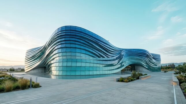 Futuristic modern building with flowing glass architecture and curved design lines reflecting the sky at dusk