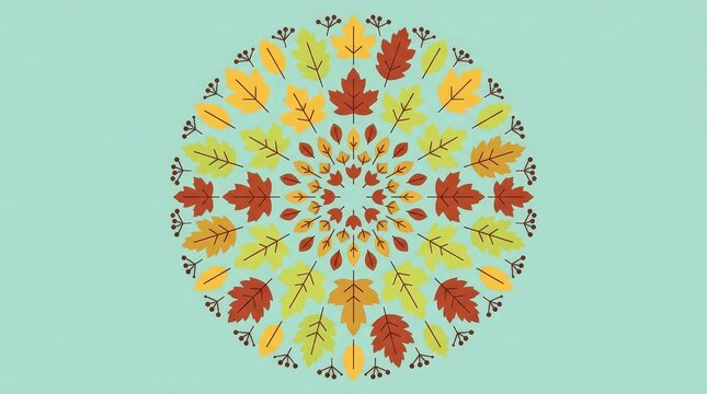 Symmetrical autumn leaf mandala pattern featuring red orange and yellow foliage arranged in a circular formation for decoration