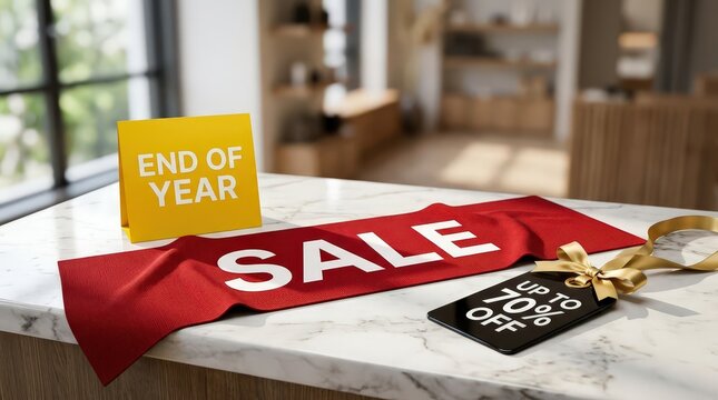 Close-up view of sale event showing red ribbon, yellow sign, and black tag on marble counter surface.