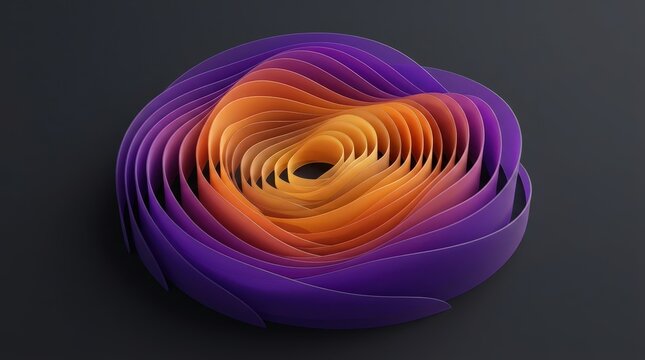 Vibrant abstract three-dimensional spiral design featuring layered concentric rings transitioning from purple to orange hue.