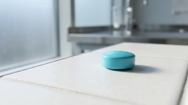 A macro photography shot displays a solitary cyan round pill resting horizontally on a clean white surface near bathroom items.