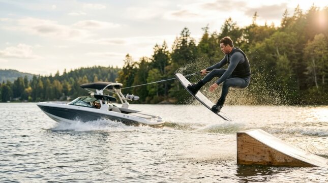 Man wakeboarding off a ramp behind a boat during golden hour, dynamic water sports action