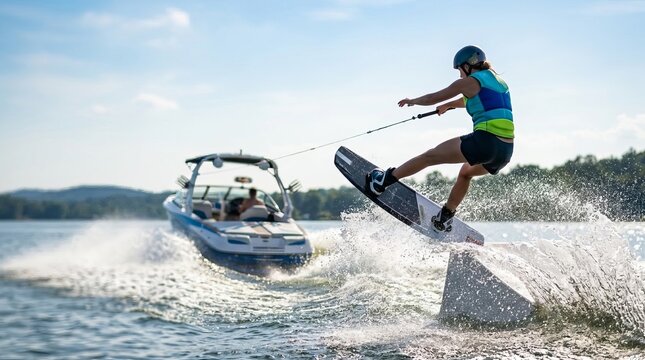 Wakeboarder jumps over a ramp on the water, performing a trick behind a fast-moving boat on a sunny day