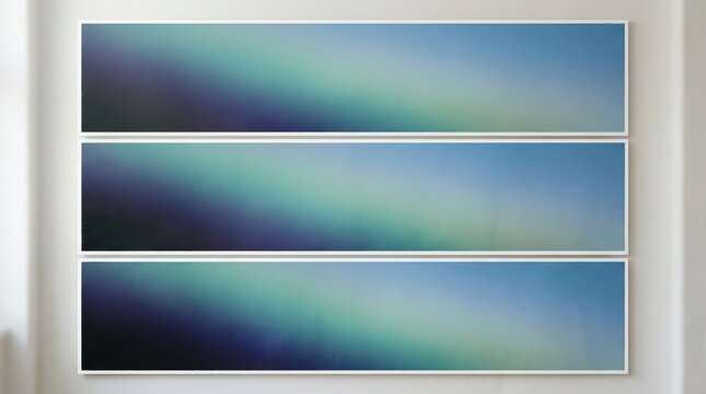 Modern minimalist wall art featuring three horizontal abstract gradient panels in shades of blue and teal suspended on white interior walls.