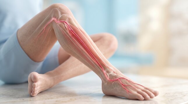Anatomical overlay of the anterior tibial artery on a human leg. Glowing red vascular system illustrating blood circulation in the lower extremity. Peripheral artery disease medical concept